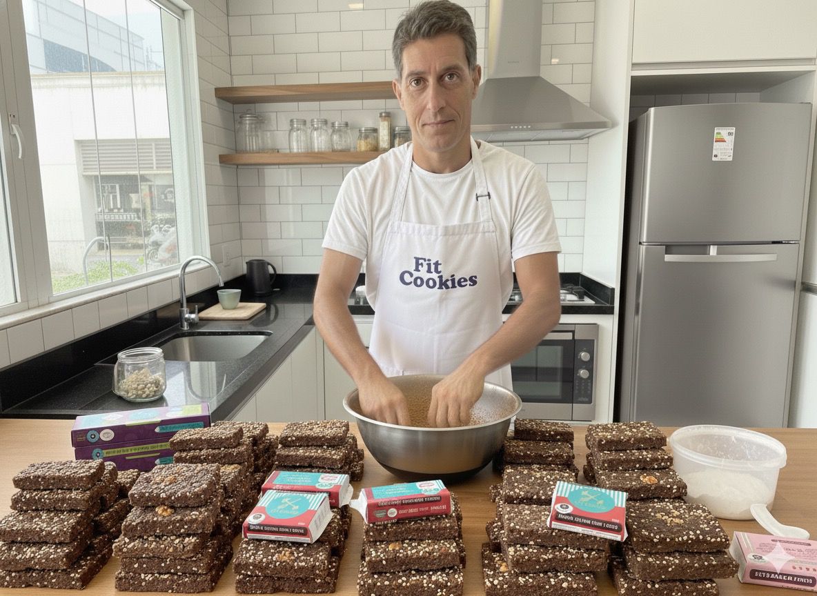 Djalma produzindo as barras de proteína artesanais na cozinha